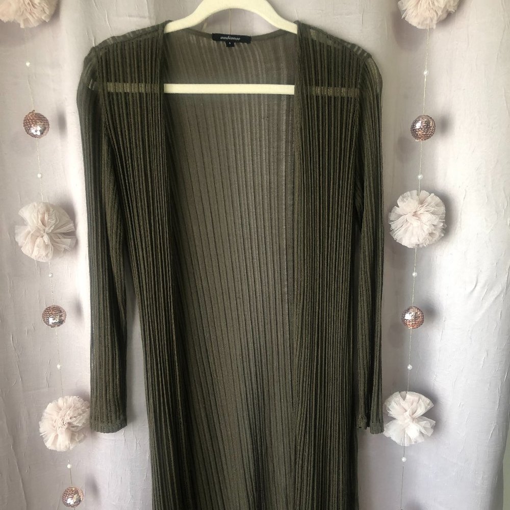 Ambiance Olive Green Long Open Weave Cardigan
